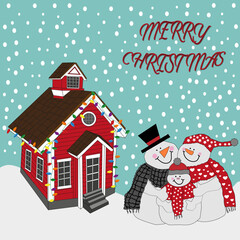 Felicitación de navidad con casita y muñecos de nieve
