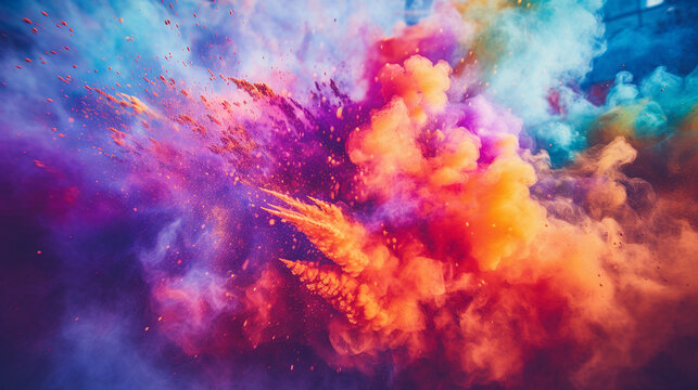Indian Holi Festival, vibrant powder colors mid-air explosion ,ecstatic faces, ultra slow motion capture