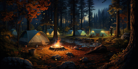 Obraz premium Pointillist scenery of a forest campsite, detailed with visible dots, vibrant natural colors, soft evening glow from the campfire illuminating tents
