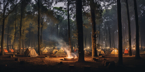 Pointillist scenery of a forest campsite, detailed with visible dots, vibrant natural colors, soft evening glow from the campfire illuminating tents