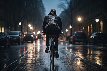Cyclist riding through city streets at rainy evening.