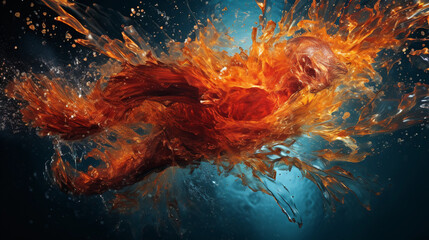 Swimmer diving into water, abstract splash, resembling a phoenix, fiery colors, freeze-motion, ultra-high-speed camera