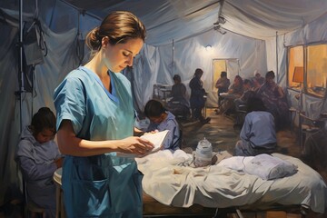 Nurse in a busy refugee camp.