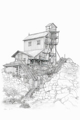 Coloring pencil drawing of an old gold mine. Generative AI.
