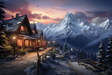 A snowy mountain landscape with cozy chalet.
