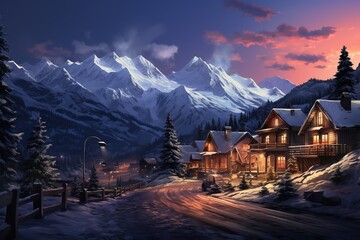 A snowy mountain landscape with cozy chalet.
