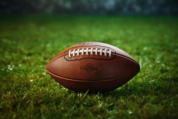 American football ball lies on the football field.