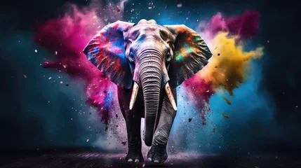 Muurstickers elephant in colorful powder paint explosion, dynamic  © Zanni