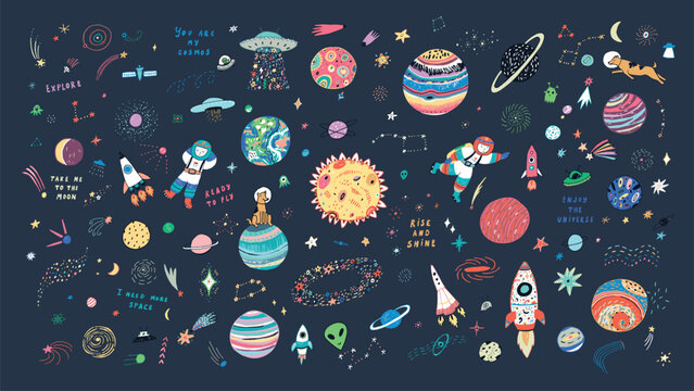 Space funny cosmos objects vector illustartions set.