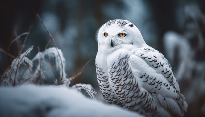 The great horned owl perches on branch, looking at camera generated by AI