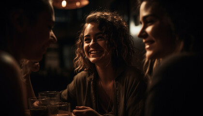 A group of carefree adults bonding over drinks and laughter generated by AI