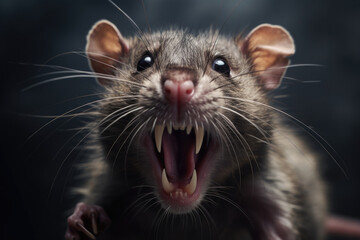 Aggressive rat on dark background. Rodents are carriers of diseases. Dangerous mouse with snarling mouth - obrazy, fototapety, plakaty