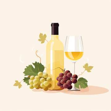 Colorful illustration bottle of white wine, wineglass, grapes and grape leaves on pastel beige background. Concept: mockup, booklet, covers, presentations. Square. Generative AI.