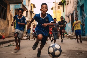 Brazilian boys playing soccer in a favela. - obrazy, fototapety, plakaty