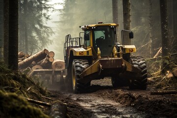 Cable skidder pulling logs in forest.