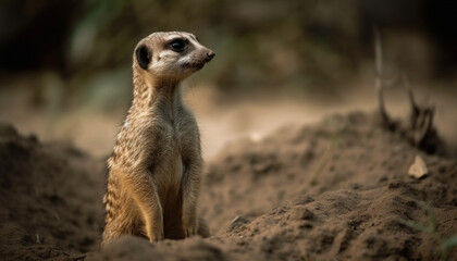 Fototapeta premium The alert meerkat, standing in good posture, surveils the wilderness generated by AI