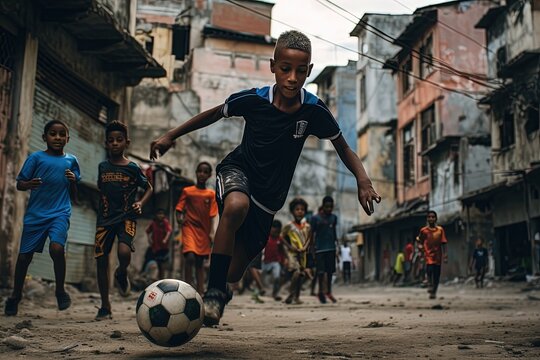 Brazilian boys playing soccer in a favela.