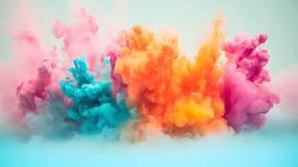 Rainbow dense clouds, fog and smoke neon lights abstract background. Colorful sky and color refraction. 3D Illustration. Smoke colored in various hues. - obrazy, fototapety, plakaty