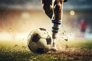Close up soccer player foot playing with ball in stadium. - obrazy, fototapety, plakaty