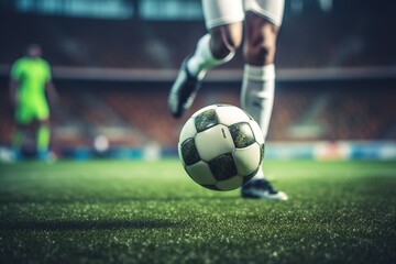 Close up soccer player foot playing with ball in stadium.