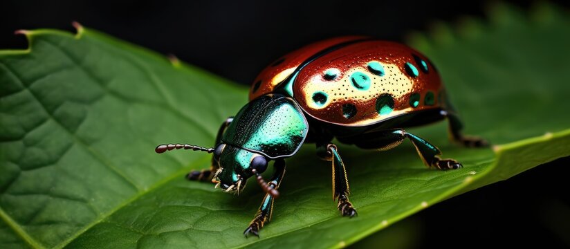 A picture showing a Beetle located on the edge of a leaf