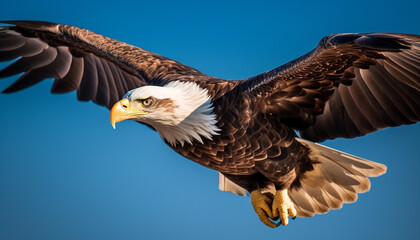 Fototapeta premium Majestic bald eagle, symbol of American patriotism, soaring in freedom generated by AI