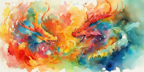 Watercolor drawing of various Dragons. Generative AI.