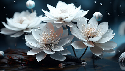 Nature beauty in a single flower, reflecting in tranquil water generated by AI