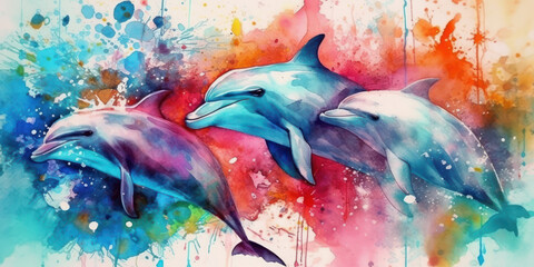 Watercolor drawing of an elegant Dolphin. Generative AI.