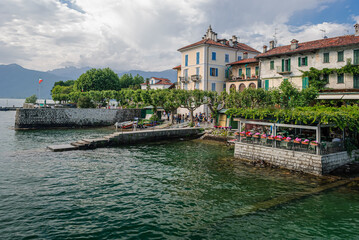 View of the tiny island Isola dei Pescatori in Lake Maggiore, in northern Italy