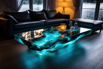 Epoxy resin living room table looks like northern light. - obrazy, fototapety, plakaty
