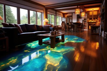 Obraz na płótnie Canvas Epoxy resin living room floor looks like northern light.