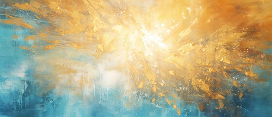 Closeup of abstract rough gold blue sun explosion painting texture, with oil brushstroke, pallet knife paint on canvas - Art background - obrazy, fototapety, plakaty