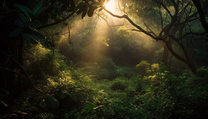 Fototapeta premium The tranquil forest glows with sunlight, a mysterious beauty generated by AI