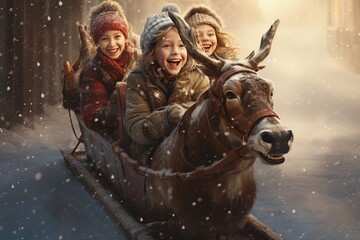 Happy children on a sledge been pulled along in the snow by a reindeer.