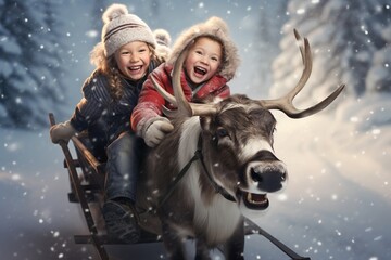 Happy children on a sledge been pulled along in the snow by a reindeer. - obrazy, fototapety, plakaty