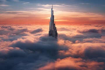 Tall skyscraper over the clouds at sunrise.