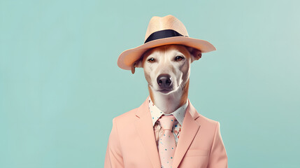 A dog standing on two legs in a pink elegant suit. Abstract, creative, illustrated, minimal portrait of a animal dressed up as a man in elegant clothes.