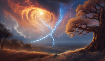 Storm, psychedelic tornado and lightning in the sky, tree in the landscape, natural disasters, storm, thunderstorms, the environment concept, generative ai
