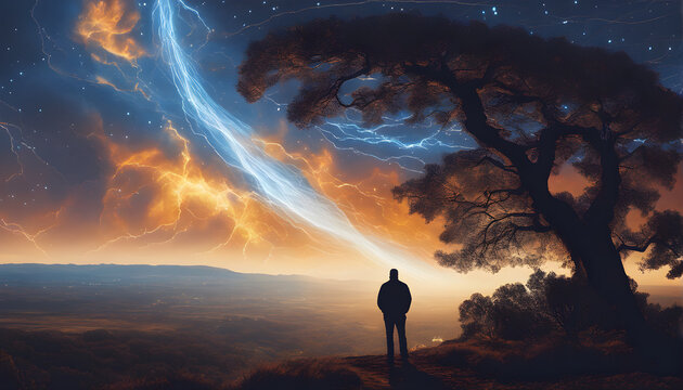 Storm, psychedelic tornado and lightning in the sky, man and tree in the landscape, natural disasters, storm, thunderstorms, the environment concept, generative ai