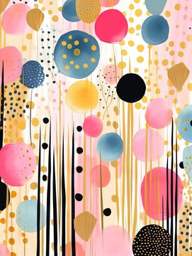 Pois multicolores et dor&eacute;s, terrazzo, doodle, tampons et superpositions num&eacute;riques florales, ray&eacute;, palette de couleurs audacieuses, embl&eacute;matique, g&eacute;om&eacute;trique. IA g&eacute;n&eacute;rative, IA
