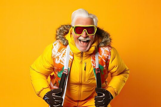 Active cheerful elderly man with gray hair, winter ski clothes, glasses having fun on a yellow background. Space for text