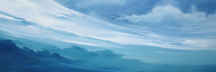 Obraz premium Foggy twilight blue morning mountain valley minimal landscape painting, thick cloud cover with barely visible horizon. 