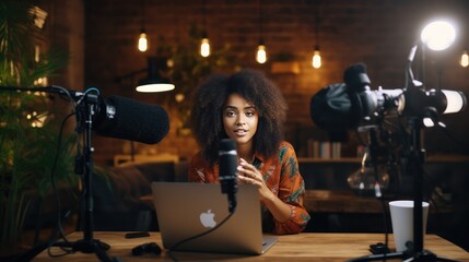 Black female influencer or content creator recording a video podcast or YouTube video. Speaking into camera generative ai. - obrazy, fototapety, plakaty