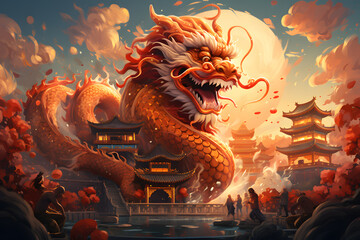 Giant golden dragon wrapped around mountain temple Asian festival concept, ai generated art - obrazy, fototapety, plakaty