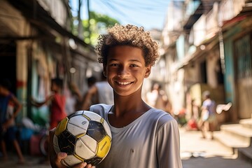 Brazilian boy holding a soccer ball in a favela. - obrazy, fototapety, plakaty