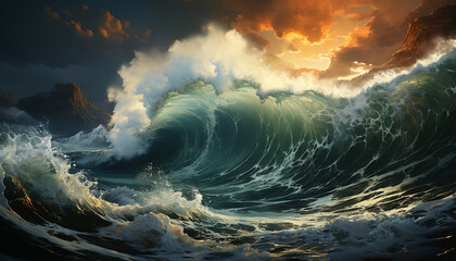 Awe inspiring sunset, crashing waves, and flowing water create a beautiful seascape generated by AI