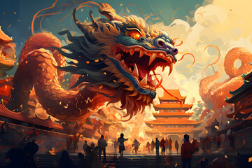 Huge traditional asian dragon between temples artwork chinese new year festival concept ai generated art