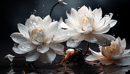 Nature beauty in a single flower, wet with freshness and reflection generated by AI