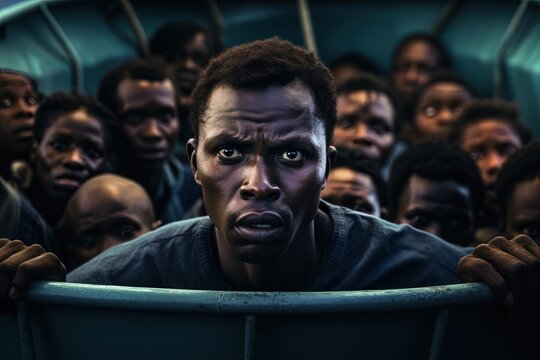 Man in a boat full of African immigrants.